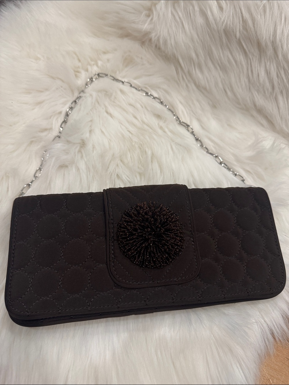Vera Bradley Quilted beaded Pom-Accent Clutch in Dark Brown